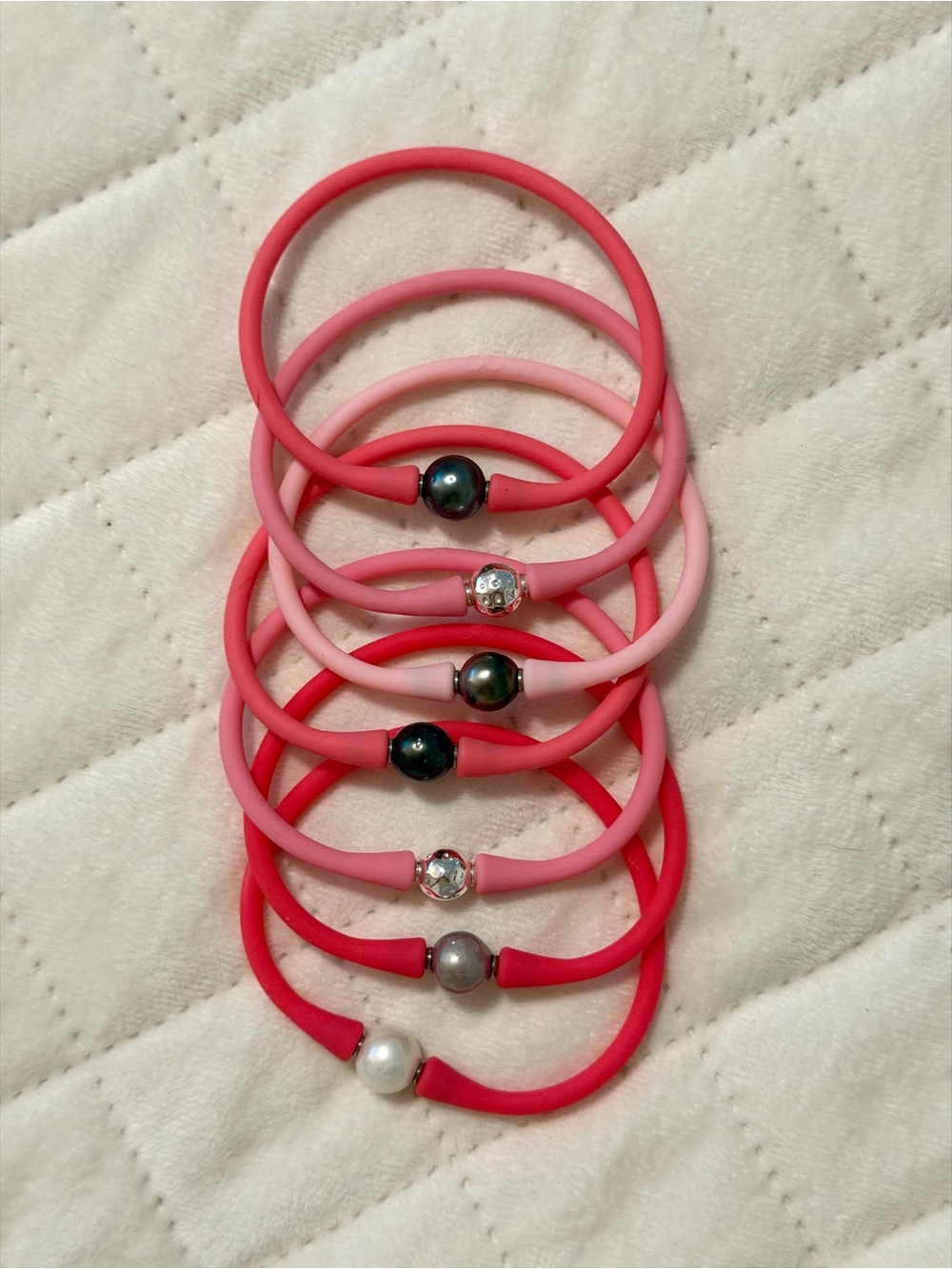 Pink Silicone Bracelet Set with mixed Pearl, Black Pearl, Silver center beads (7